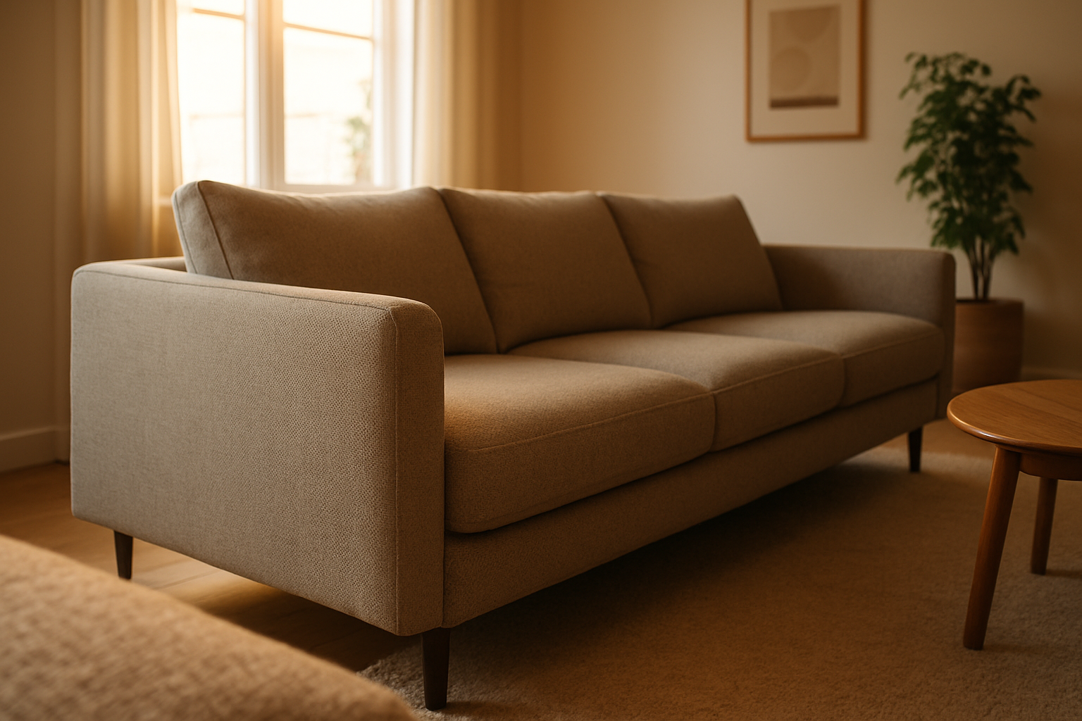 Modernes Stoffsofa mit sichtbarer Gewebestruktur im Wohnzimmer